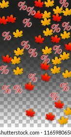 Vector Percentage Sign and Autumn Leaves Confetti on Transparent Background. Percent Sale Background. Business, Economics, Finance Print. Discount Illustration. Promotion poster. Black Friday Banner. 