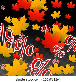 Vector Percentage Sign and Autumn Leaves Confetti on Transparent Background. Percent Sale Background. Business, Economics, Finance Print. Discount Illustration. Promotion poster. Black Friday Banner.  - Powered by Shutterstock - Get 15% off with code: PIKWIZARD15
