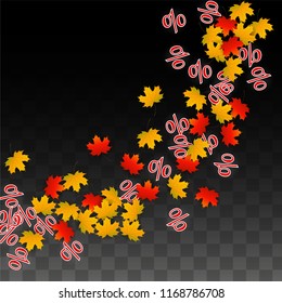 Vector Percentage Sign and Autumn Leaves Confetti on Transparent Background. Percent Sale Background. Business, Economics, Finance Print. Discount Illustration. Promotion poster. Black Friday Banner. 