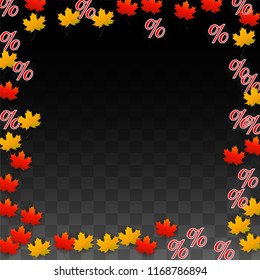 Vector Percentage Sign and Autumn Leaves Confetti on Transparent Background. Percent Sale Background. Business, Economics, Finance Print. Discount Illustration. Promotion poster. Black Friday Banner. 
