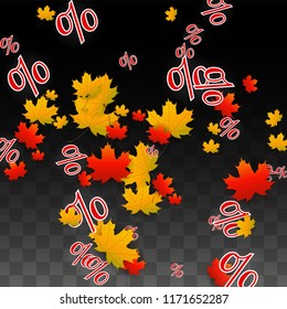 Vector Percentage Sign and Autumn Leaves Confetti on Transparent Background. Percent Sale Background. Business, Economics, Finance Print. Discount Illustration. Promotion poster. Black Friday Banner. 