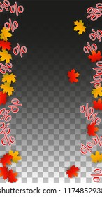Vector Percentage Sign and Autumn Leaves Confetti on Transparent Background. Percent Sale Background. Business, Economics, Finance Print. Discount Illustration. Promotion poster. Black Friday Banner. 