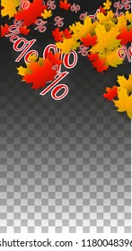 Vector Percentage Sign and Autumn Leaves Confetti on Transparent Background. Percent Sale Background. Business, Economics, Finance Print. Discount Illustration. Promotion poster. Black Friday Banner. 