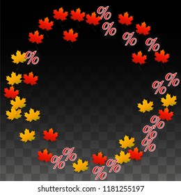 Vector Percentage Sign and Autumn Leaves Confetti on Transparent Background. Percent Sale Background. Business, Economics, Finance Print. Discount Illustration. Promotion poster. Black Friday Banner. 