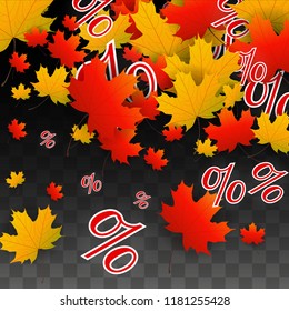 Vector Percentage Sign and Autumn Leaves Confetti on Transparent Background. Percent Sale Background. Business, Economics, Finance Print. Discount Illustration. Promotion poster. Black Friday Banner. 