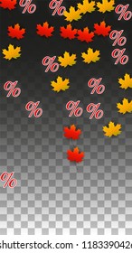 Vector Percentage Sign and Autumn Leaves Confetti on Transparent Background. Percent Sale Background. Business, Economics, Finance Print. Discount Illustration. Promotion poster. Black Friday Banner. 