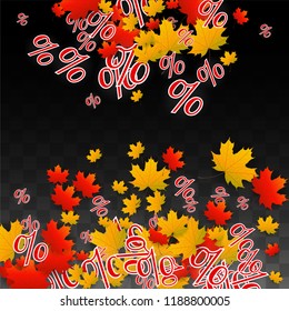 Vector Percentage Sign and Autumn Leaves Confetti on Transparent Background. Percent Sale Background. Business, Economics, Finance Print. Discount Illustration. Promotion poster. Black Friday Banner. 