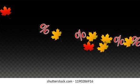 Vector Percentage Sign and Autumn Leaves Confetti on Transparent Background. Percent Sale Background. Business, Economics, Finance Print. Discount Illustration. Promotion poster. Black Friday Banner. 