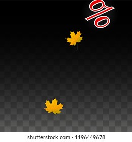 Vector Percentage Sign and Autumn Leaves Confetti on Transparent Background. Percent Sale Background. Business, Economics, Finance Print. Discount Illustration. Promotion poster. Black Friday Banner. 