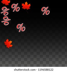 Vector Percentage Sign and Autumn Leaves Confetti on Transparent Background. Percent Sale Background. Business, Economics, Finance Print. Discount Illustration. Promotion poster. Black Friday Banner. 