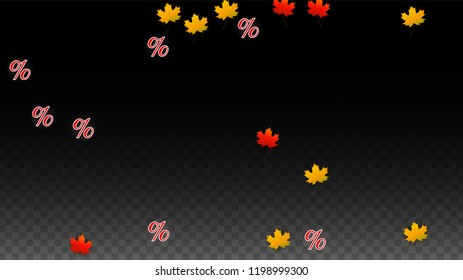Vector Percentage Sign and Autumn Leaves Confetti on Transparent Background. Percent Sale Background. Business, Economics, Finance Print. Discount Illustration. Promotion poster. Black Friday Banner. 