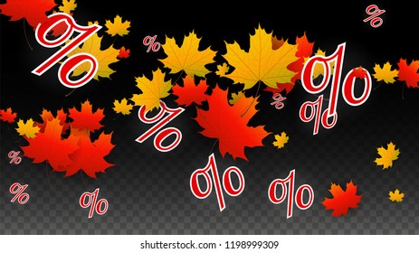 Vector Percentage Sign and Autumn Leaves Confetti on Transparent Background. Percent Sale Background. Business, Economics, Finance Print. Discount Illustration. Promotion poster. Black Friday Banner. 