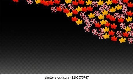 Vector Percentage Sign and Autumn Leaves Confetti on Transparent Background. Percent Sale Background. Business, Economics, Finance Print. Discount Illustration. Promotion poster. Black Friday Banner. 