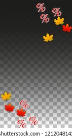 Vector Percentage Sign and Autumn Leaves Confetti on Transparent Background. Percent Sale Background. Business, Economics, Finance Print. Discount Illustration. Promotion poster. Black Friday Banner. 