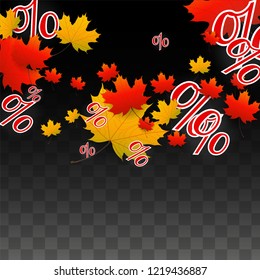 Vector Percentage Sign and Autumn Leaves Confetti on Transparent Background. Percent Sale Background. Business, Economics, Finance Print. Discount Illustration. Promotion poster. Black Friday Banner. 
