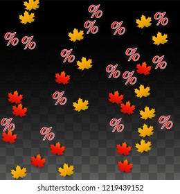 Vector Percentage Sign and Autumn Leaves Confetti on Transparent Background. Percent Sale Background. Business, Economics, Finance Print. Discount Illustration. Promotion poster. Black Friday Banner. 