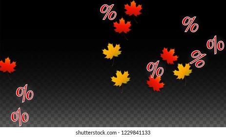 Vector Percentage Sign and Autumn Leaves Confetti on Transparent Background. Percent Sale Background. Business, Economics, Finance Print. Discount Illustration. Promotion poster. Black Friday Banner. 