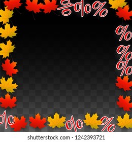 Vector Percentage Sign and Autumn Leaves Confetti on Transparent Background. Percent Sale Background. Business, Economics, Finance Print. Discount Illustration. Promotion poster. Black Friday Banner. 