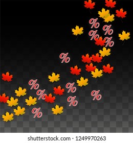 Vector Percentage Sign and Autumn Leaves Confetti on Transparent Background. Percent Sale Background. Business, Economics, Finance Print. Discount Illustration. Promotion poster. Black Friday Banner. 