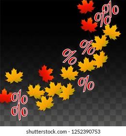 Vector Percentage Sign and Autumn Leaves Confetti on Transparent Background. Percent Sale Background. Business, Economics, Finance Print. Discount Illustration. Promotion poster. Black Friday Banner. 