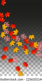 Vector Percentage Sign and Autumn Leaves Confetti on Transparent Background. Percent Sale Background. Business, Economics, Finance Print. Discount Illustration. Promotion poster. Black Friday Banner. 