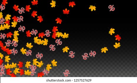 Vector Percentage Sign and Autumn Leaves Confetti on Transparent Background. Percent Sale Background. Business, Economics, Finance Print. Discount Illustration. Promotion poster. Black Friday Banner. 