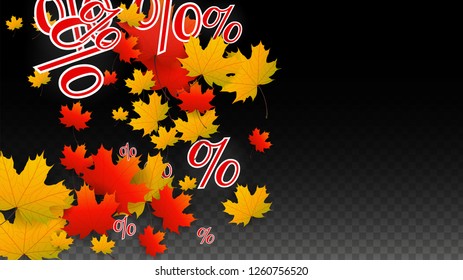 Vector Percentage Sign and Autumn Leaves Confetti on Transparent Background. Percent Sale Background. Business, Economics, Finance Print. Discount Illustration. Promotion poster. Black Friday Banner. 