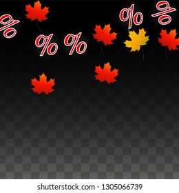 Vector Percentage Sign and Autumn Leaves Confetti on Transparent Background. Percent Sale Background. Business, Economics, Finance Print. Discount Illustration. Promotion poster. Black Friday Banner. 