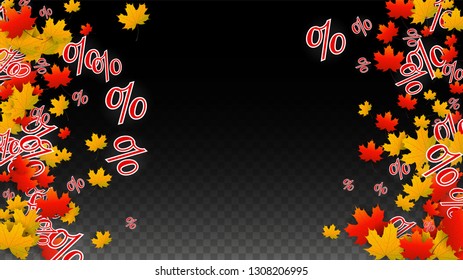 Vector Percentage Sign and Autumn Leaves Confetti on Transparent Background. Percent Sale Background. Business, Economics, Finance Print. Discount Illustration. Promotion poster. Black Friday Banner. 