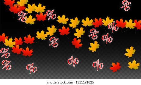 Vector Percentage Sign and Autumn Leaves Confetti on Transparent Background. Percent Sale Background. Business, Economics, Finance Print. Discount Illustration. Promotion poster. Black Friday Banner. 