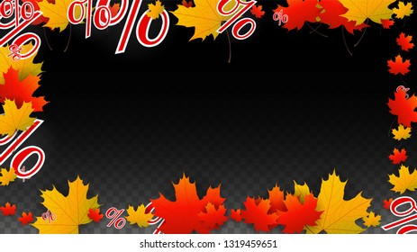 Vector Percentage Sign and Autumn Leaves Confetti on Transparent Background. Percent Sale Background. Business, Economics, Finance Print. Discount Illustration. Promotion poster. Black Friday Banner. 