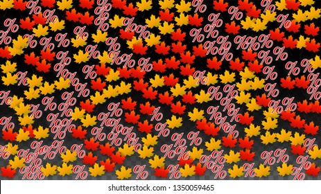 Vector Percentage Sign and Autumn Leaves Confetti on Transparent Background. Percent Sale Background. Business, Economics, Finance Print. Discount Illustration. Promotion poster. Black Friday Banner. 