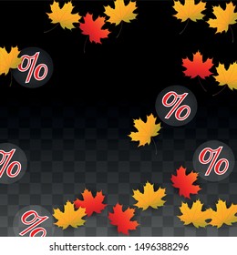 Vector Percentage Sign and Autumn Leaves Confetti on Transparent Background. Percent Sale Background. Business, Economics, Finance Print. Discount Illustration. Promotion poster. Black Friday Banner. 