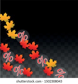 Vector Percentage Sign and Autumn Leaves Confetti on Transparent Background. Percent Sale Background. Business, Economics, Finance Print. Discount Illustration. Promotion poster. Black Friday Banner. 