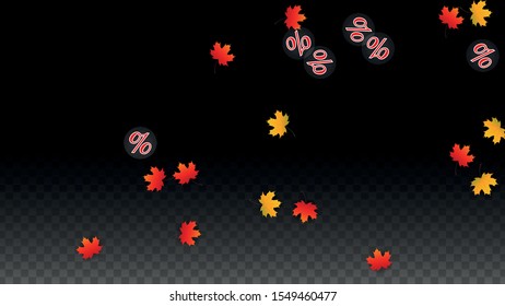 Vector Percentage Sign and Autumn Leaves Confetti on Transparent Background. Percent Sale Background. Business, Economics, Finance Print. Discount Illustration. Promotion poster. Black Friday Banner. 