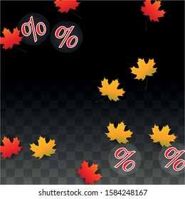 Vector Percentage Sign and Autumn Leaves Confetti on Transparent Background. Percent Sale Background. Business, Economics, Finance Print. Discount Illustration. Promotion poster. Black Friday Banner. 