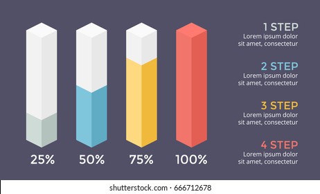 Vector percents status infographic, growth diagram chart, performance graph presentation. Business progress concept with 4 options, parts, steps, processes. 16x9 dark slide template.