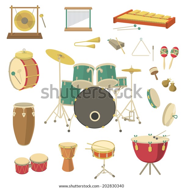 Vector percussion musical instruments in the
flat style. Various classical orchestral musical instruments,
concert stage, traditional national musical instruments. Cartoon
graphic design elements