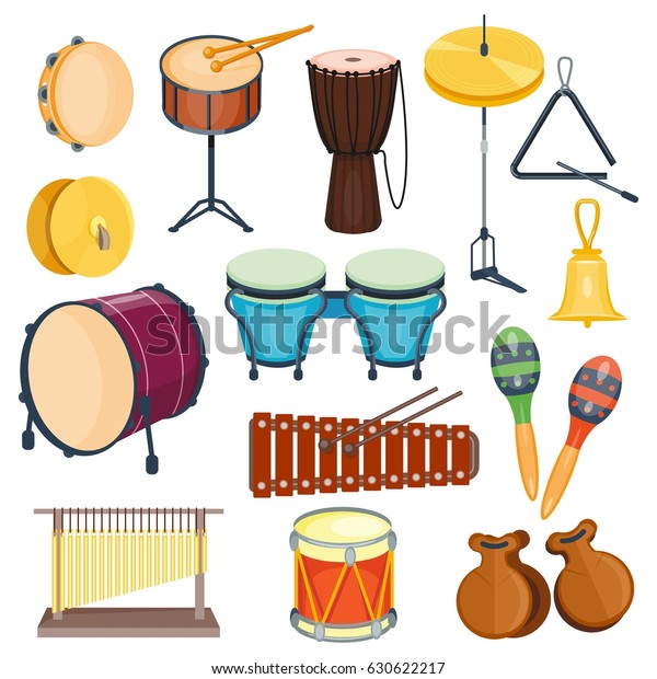 Vector\
percussion musical instruments flat style\
isolated