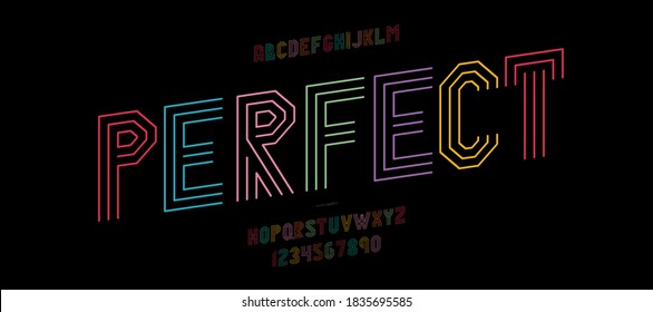 Vector perfect font color line style modern typography for decoration, logo, poster, t shirt, book, card, sale banner, printing on fabric, industrial. Cool typeface. Trendy alphabet. 10 eps