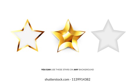 Vector Perfect Glossy Golden Stars. Template For Christmas, Award Or Five Stars Rating Design.