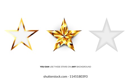 Vector Perfect Glossy Golden Stars. Template For Christmas, Award Or Five Stars Rating Design.