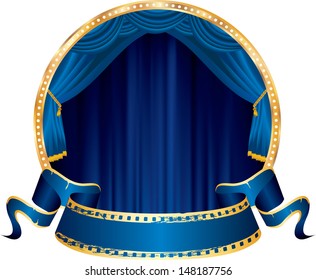 vector perforated blue blank banner on circle stage with blue curtain