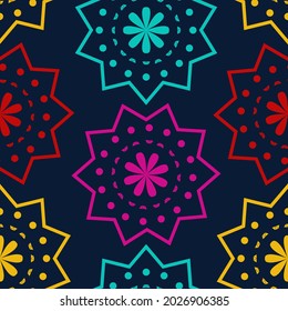 Vector. Perforated bright patterns Papel Picado pattern on a colored background. Hispanic Heritage Month. Polygonal seamless pattern for web banner, poster, cover, splash, social network.