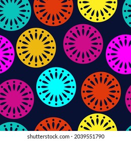 Vector. Perforated bright patterns Papel Picado pattern on a colored background. Hispanic Heritage Month. Polygonal seamless pattern for web banner, poster, cover, splash, social network.