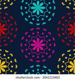 Vector. Perforated bright patterns Papel Picado pattern on a colored background. Hispanic Heritage Month. Polygonal seamless pattern for web banner, poster, cover, splash, social network.