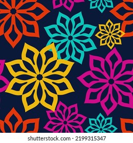 Vector. Perforated bright patterns Papel Picado pattern on a colored background. Hispanic Heritage Month. Polygonal seamless pattern for web banner, poster, cover, splash, social network.