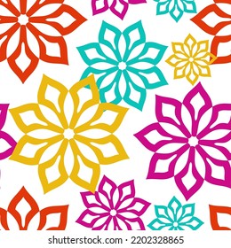 Vector. Perforated bright patterns Papel Picado pattern on a colored background. Hispanic Heritage Month. Polygonal seamless pattern for web banner, poster, cover, splash, social network.