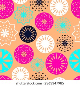 Vector. Perforated bright patterns Papel Picado pattern on a colored background. Hispanic Heritage Month. Polygonal seamless pattern for web banner, poster, cover, splash, social network.