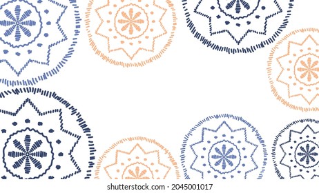 Vector. Perforated color patterns, hand-drawn Papel Picado pattern. Hispanic Heritage Month. Polygonal pattern for web banner, poster, cover, splash, social network. Line sketch. Beige and blue.